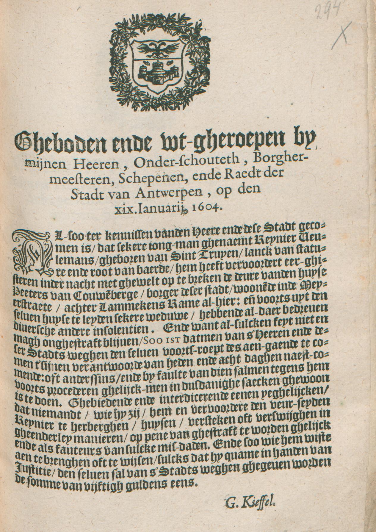 19 januari 1604, Jan I Moretus, Antwerpen nr. A 2010 II/294