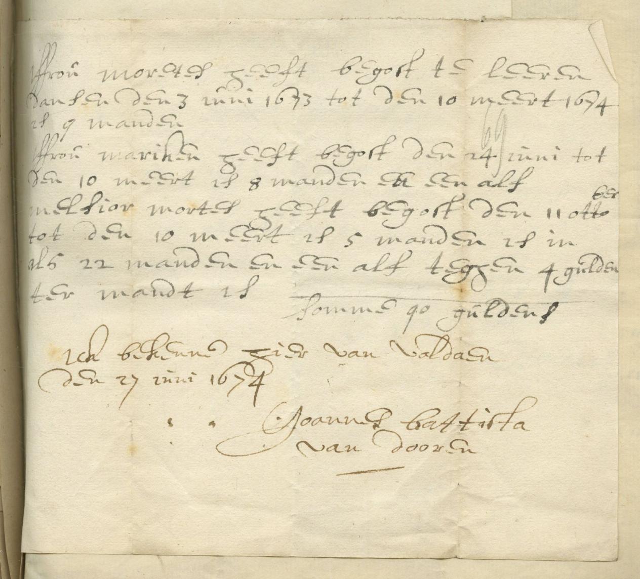 Rekening van dansmeester Joannes Bapista van Dooren voor danslessen gegeven aan drie Moretuskinderen, 1674 (MPM Arch. 712, vol. 3, stuk 69)