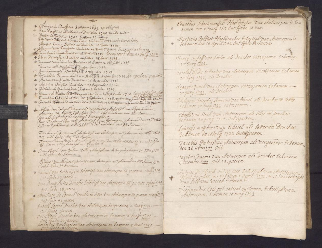 Ledenlijst van de ziekenbus van de Kapel van de Officina Plantininia met rechts de zes gerekruteerde kandidaten (MPM Arch. 432, fol. [6] verso – [7] recto)