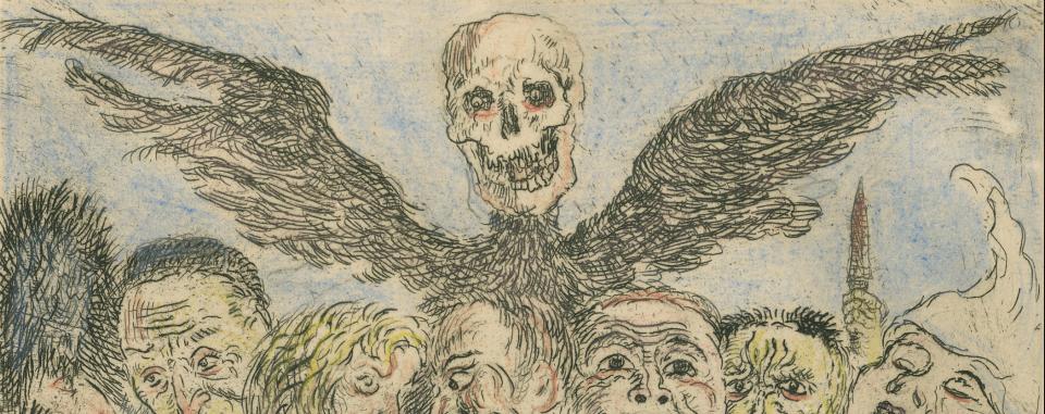 Prent van een gevleugelde doodskop die boven een aantal getekende figuren uitsteekt
