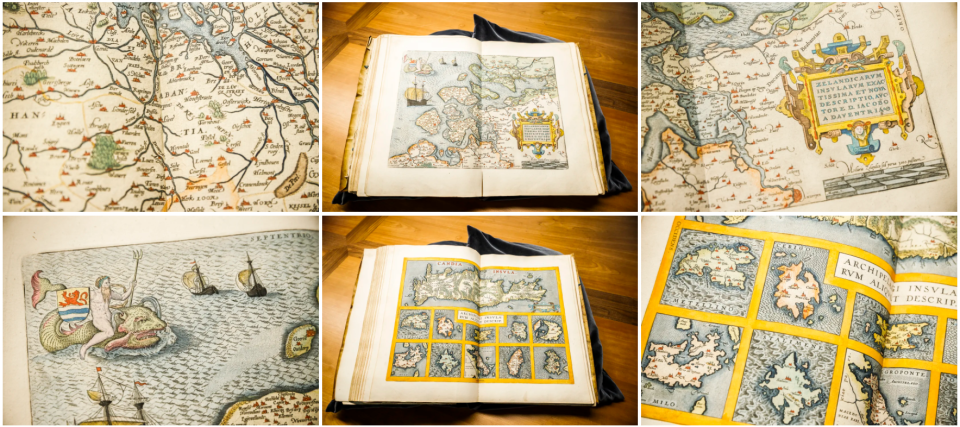 Collage: enkele pagina's uit de Spaanse versie van Ortelius’ atlas (Theatro de la tierra universal) (mei 2021) - Foto: Victoriano Moreno voor het Museum Plantin-Moretus