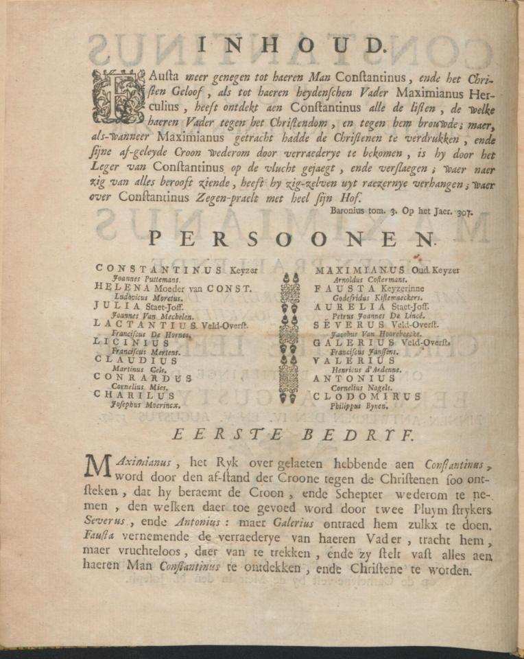 Rolverdeling van het toneelstuk ‘Constantinus den grooten eersten christenen keyzer over den goddeloosen Maximianus zegen-pralende’ uitgevoerd in augustus 1767 (MPM A 2940, fol. A1 verso)