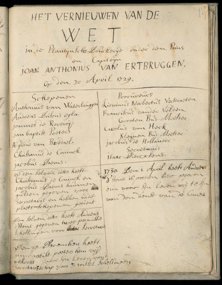 Het nieuwe bestuur van de Kapel verkozen in 1729, met rechts onderaan de levenslange vrijstelling van Andries d’Hondt voor 16 potten bier