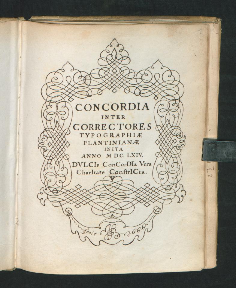 Gekalligrafeerde titelpagina van de statuten van de broederschap ‘Concordia’ 