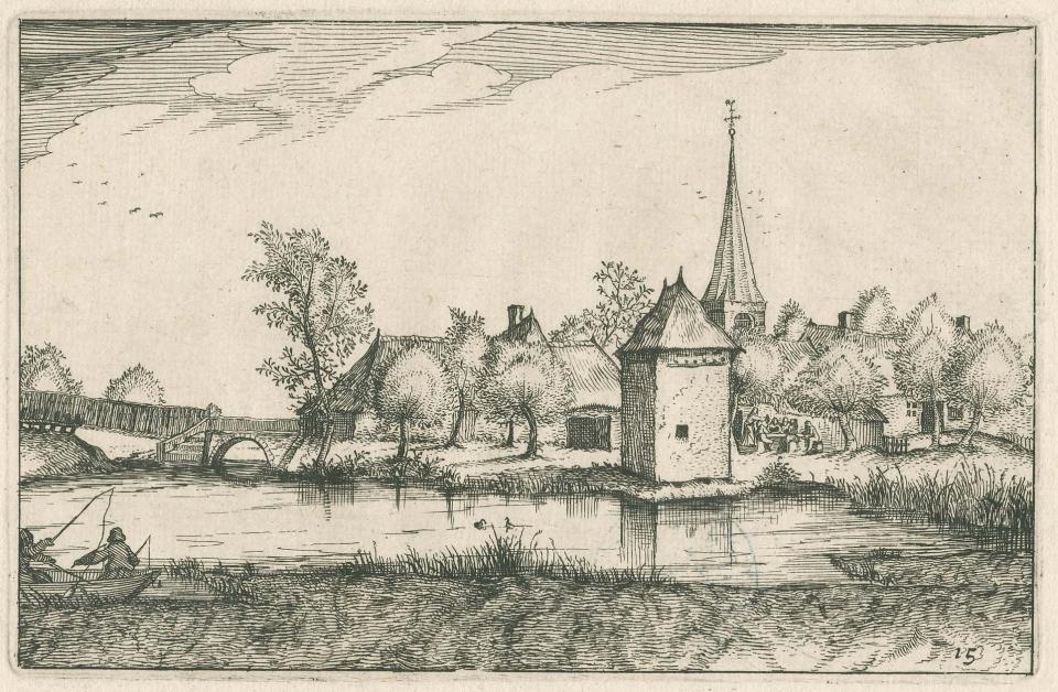 Landschap met kerktorentje op de achtergrond en vissers op de voorgrond, Claes Jansz. Visscher II