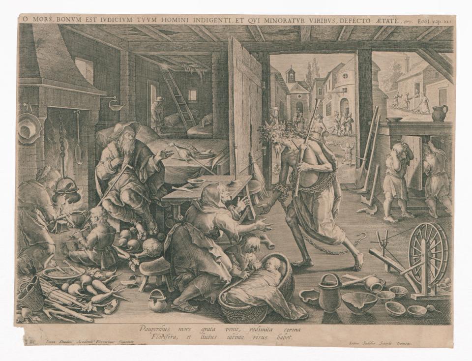 De dood bezoekt de armen, Jan van der Straet - Johann Sadeler I, 1572-1600