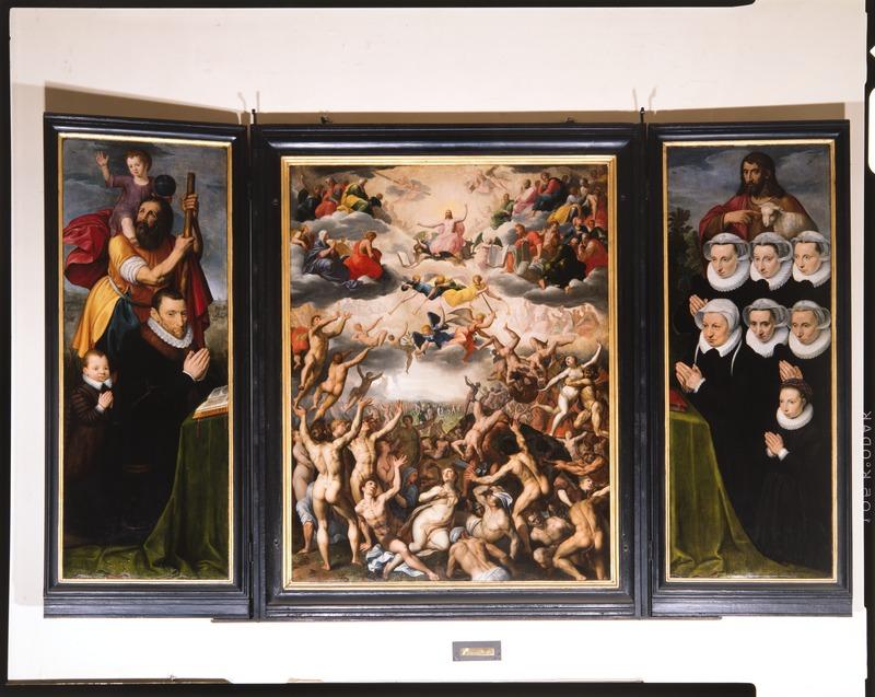 Links Plantijn met zijn zoontje, rechts zijn vrouw Jeanne Rivière en zijn zes dochters