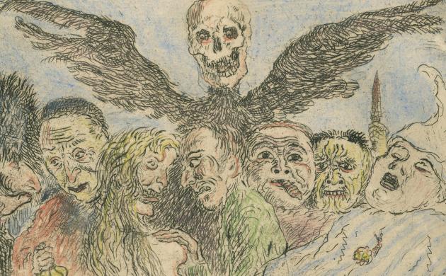 Prent van een gevleugelde doodskop die boven een aantal getekende figuren uitsteekt