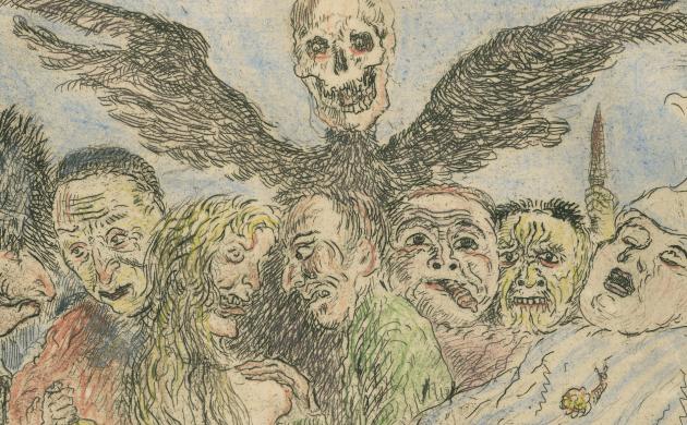 Prent van een gevleugelde doodskop die boven een aantal getekende figuren uitsteekt