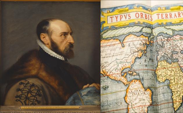 Abraham Ortelius en een pagina uit de atlas 'Theatrum Orbis Terrarum'