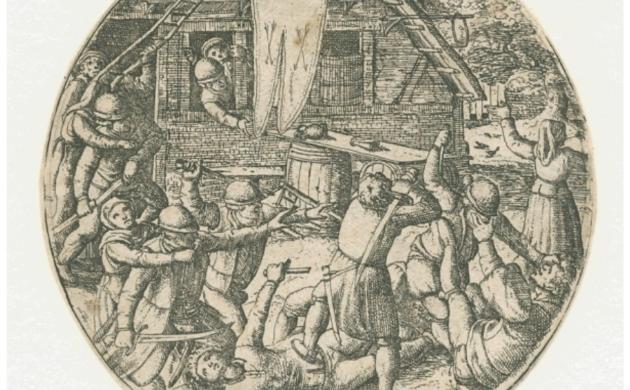 Vechtende boeren voor een herberg, Hans Bol, 1550-1593, PK.OP.00068