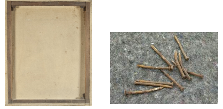 Foto van de achterzijde van een schilderij en een hoopje verroeste nagels