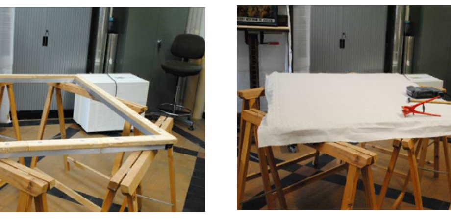 Een doek wordt aangebracht aan een houten kader