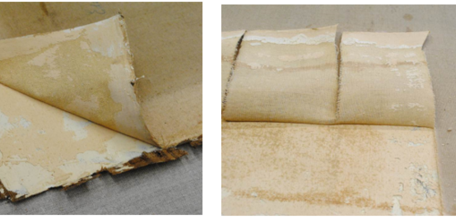 De achterkant van een schilderij toont een dikke witte loodwitlaag