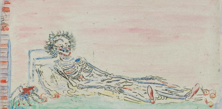 Schets van Ensor met een liggend skelet